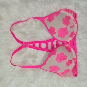 VS PINK lightly lined neon pink & nude floral racer back bra 32B